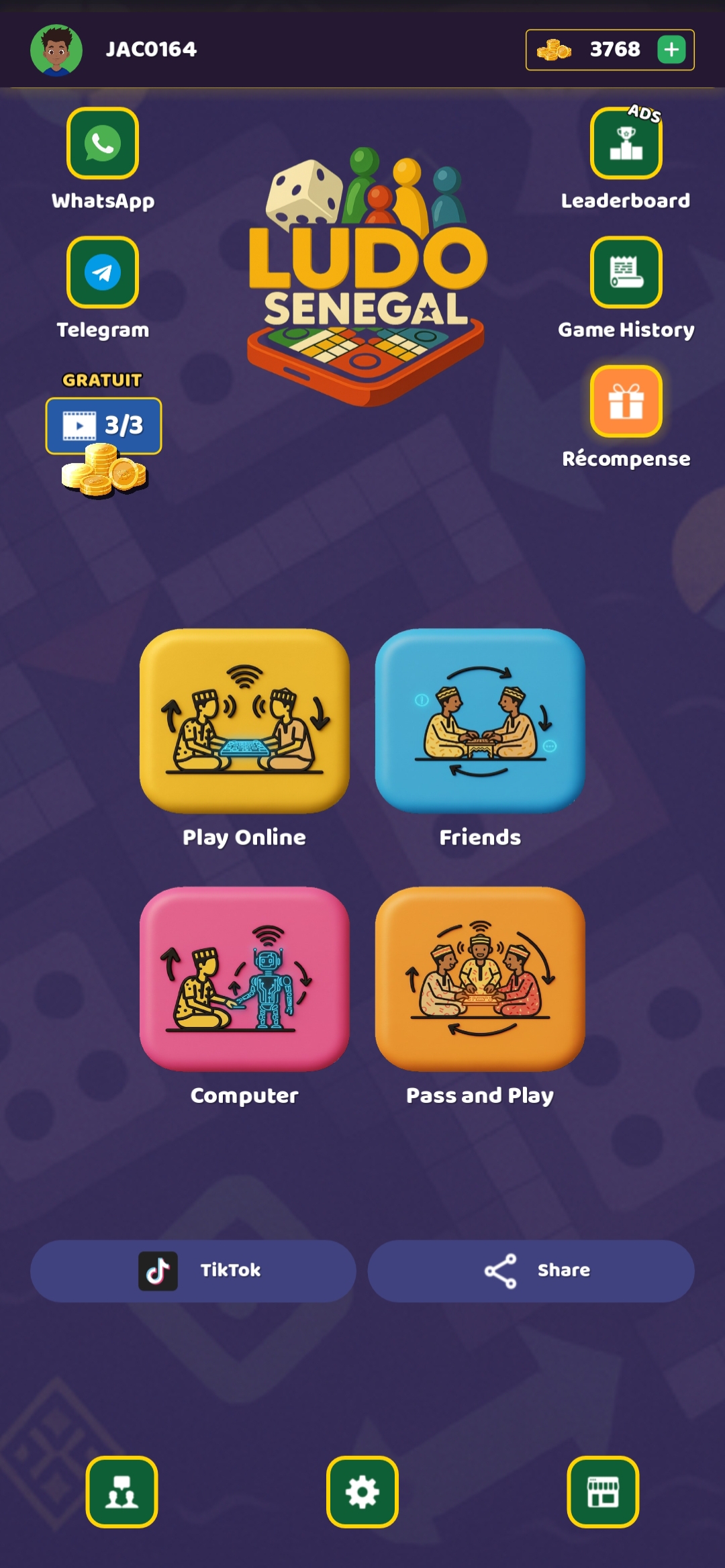 Plateau de jeu Ludo Senegal avec les quatre couleurs traditionnelles